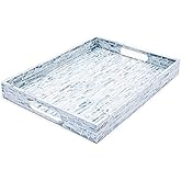 CLAYNIX Serving Tray 15.7" X11.8 Wooden Lacquer Tray with Mother of Pearl Inlay, Elegant Tea & Breakfast Tray with Handles (Rectangle)
