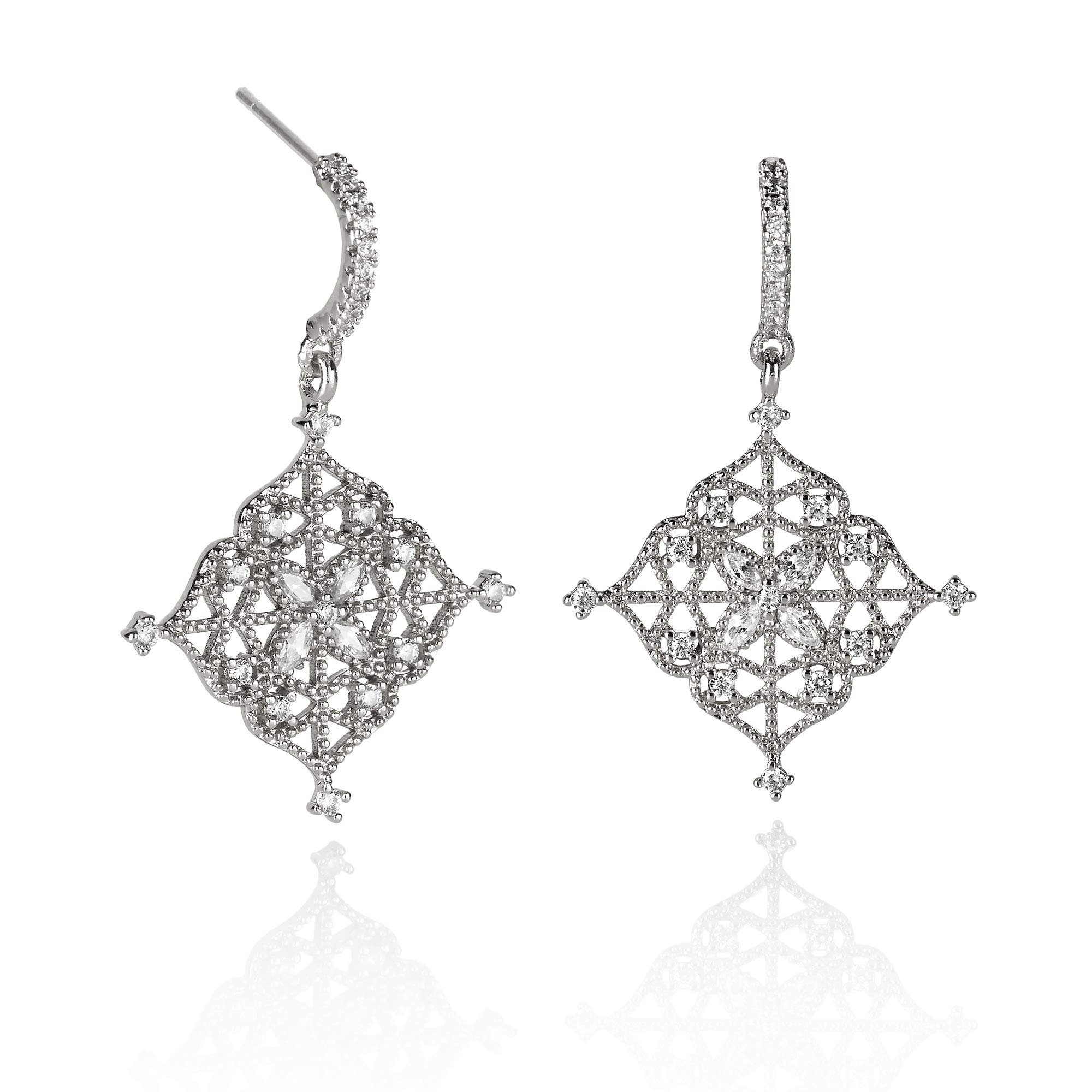 Namana Arabesque Drop Earrings. Earrings for Women set with Cubic Zirconia Gemstones on Intricate Filigree Details. Silver Dangly Earrings for Women with Gift Box