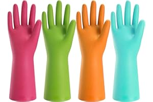 Bamllum Rubber Cleaning Gloves for Kitchen - 4 Pairs Reusable Dishwashing Gloves for Household, Flexible Long-lasting & Waterproof (Medium, Blue+Green+Red+Orange)