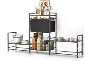 LOMIVRA Elevated Dog Bowl Stand with 2 Feeding Stations, Adjustable Raised Feeding Station Cabinet with Toy Bin Basket, Lifted Food and Water Bowl Holder, Pet Storage Organizer for Large Medium Small Dogs