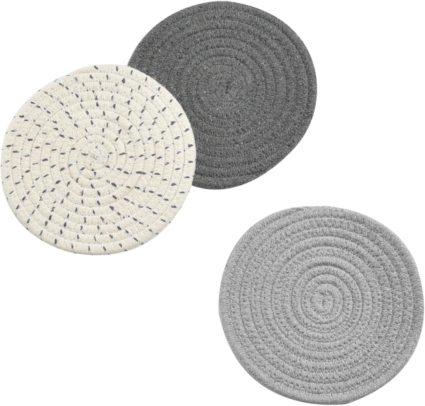 Potholders Set Trivets Set 100% Pure Cotton Thread Weave Hot Pot Holders Set (Set of 3) Stylish Coasters, Hot Pads, Hot Mats, Spoon Rest For Cooking and Baking by Diameter 7 Inches (Gray): Kitchen & Dining