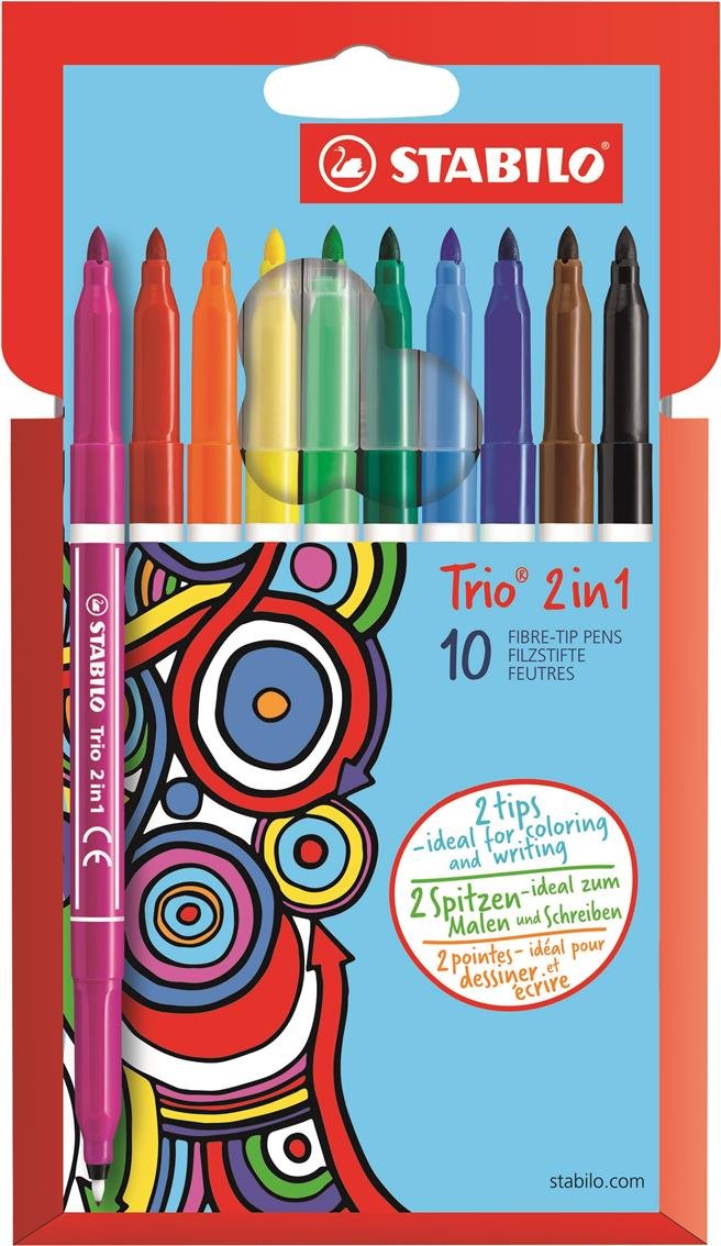 STABILO Trio 2-in-1 - Fibre-Tip Pen and Fineliner - Pack of 10 - Assorted Colours