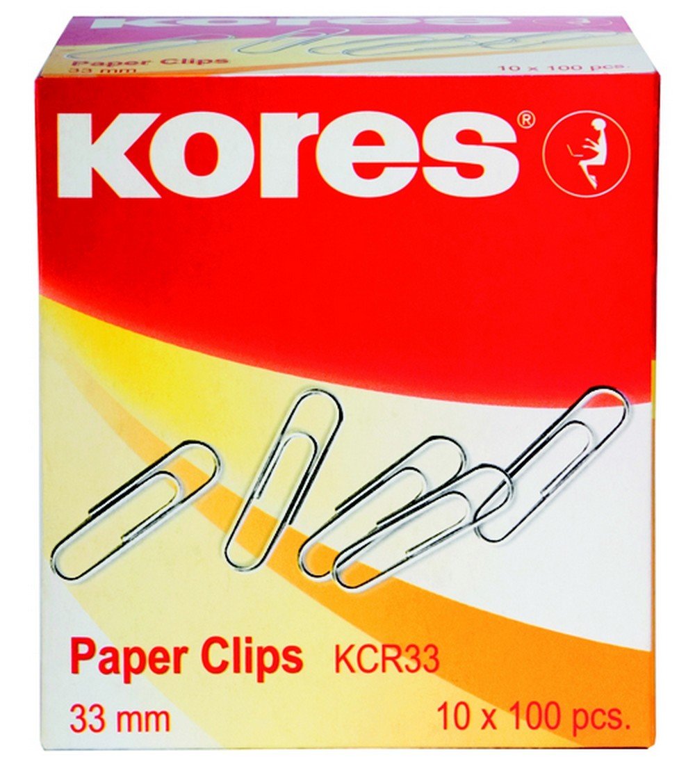 Kores - Large Metal Paper Clips for School, Office and Home, Galvanized Steel, Strong and Long-lasting, 50 mm, Pack of 10 Boxes x 100 Clips