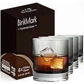 BinkMark Whiskey Glasses Set of 4, 10 oz, Lead-Free Glassware, Grey Straight Line design, Rocks Glass Old Fashioned Lowball Tumblers, Cocktails, Scotch Whisky, Rum, Vintage Style -Dishwasher Safe