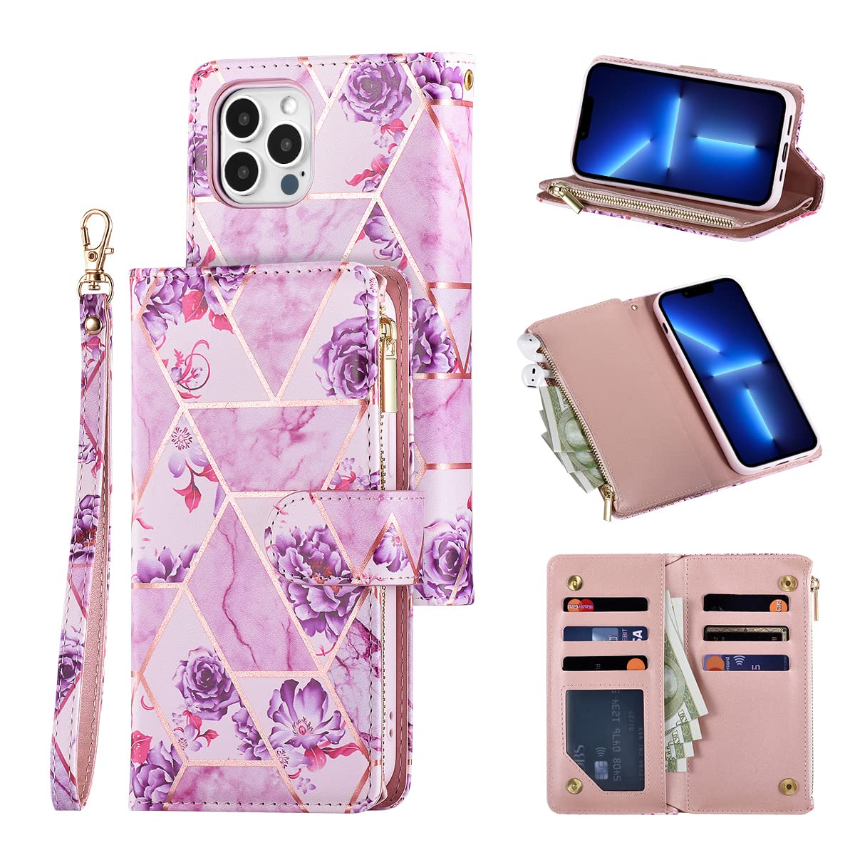 UEEBAI Wallet Case for iPhone 13 Pro Max 6.7 inch, Premium Vintage PU Leather Magnetic Closure Handbag Zipper Pocket Case Kickstand Card Slots Wrist Strap TPU Shockproof Flip Cover - Purple Flower — image 1