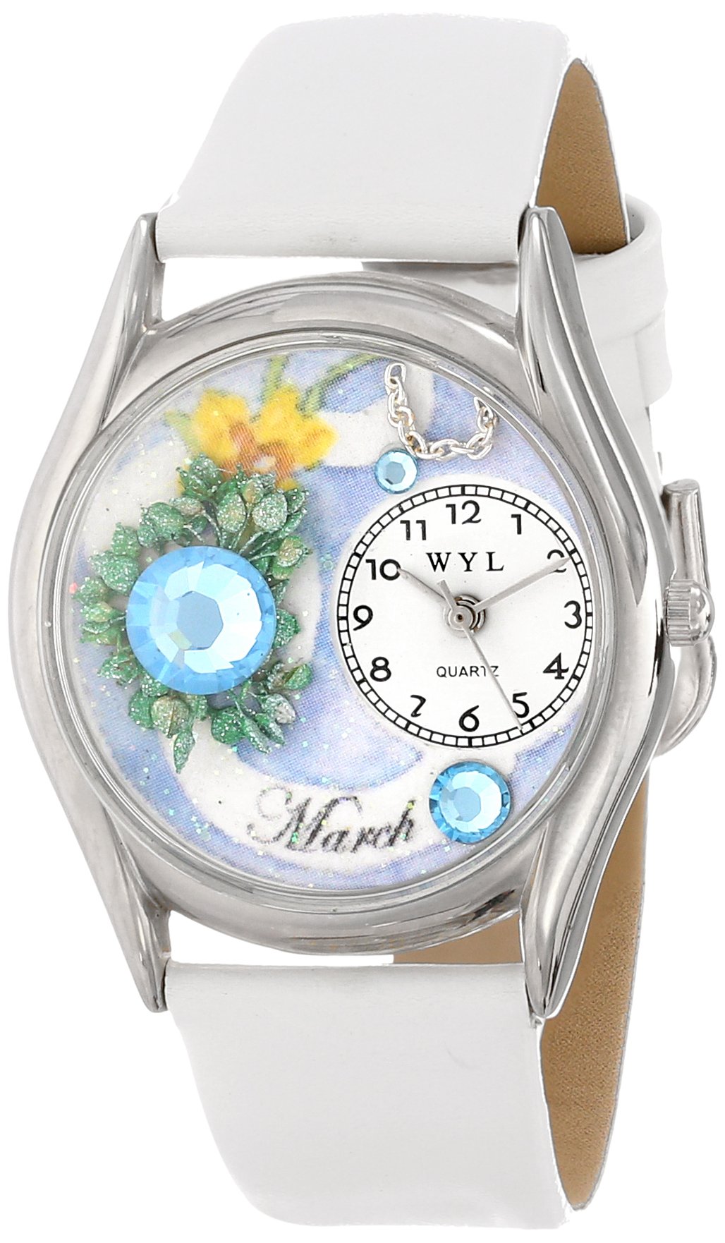 Whimsical Watches Birthstone: March White Leather and Silvertone Unisex Quartz Watch with White Dial Analogue Display and Multicolour Leather Strap S-0910003