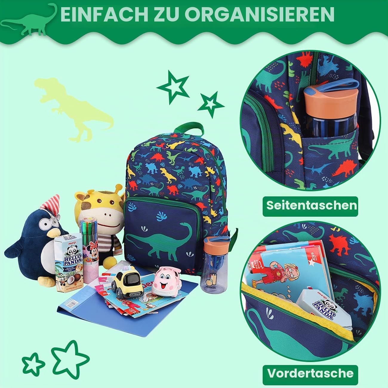 Kinderrucksack für Jungen 4-8 Jahre, Leichter & Wasserabweisender Vorschule Rucksack,Schulrucksack mit Brustgurt, für Grundschule,Dinosaurier 4