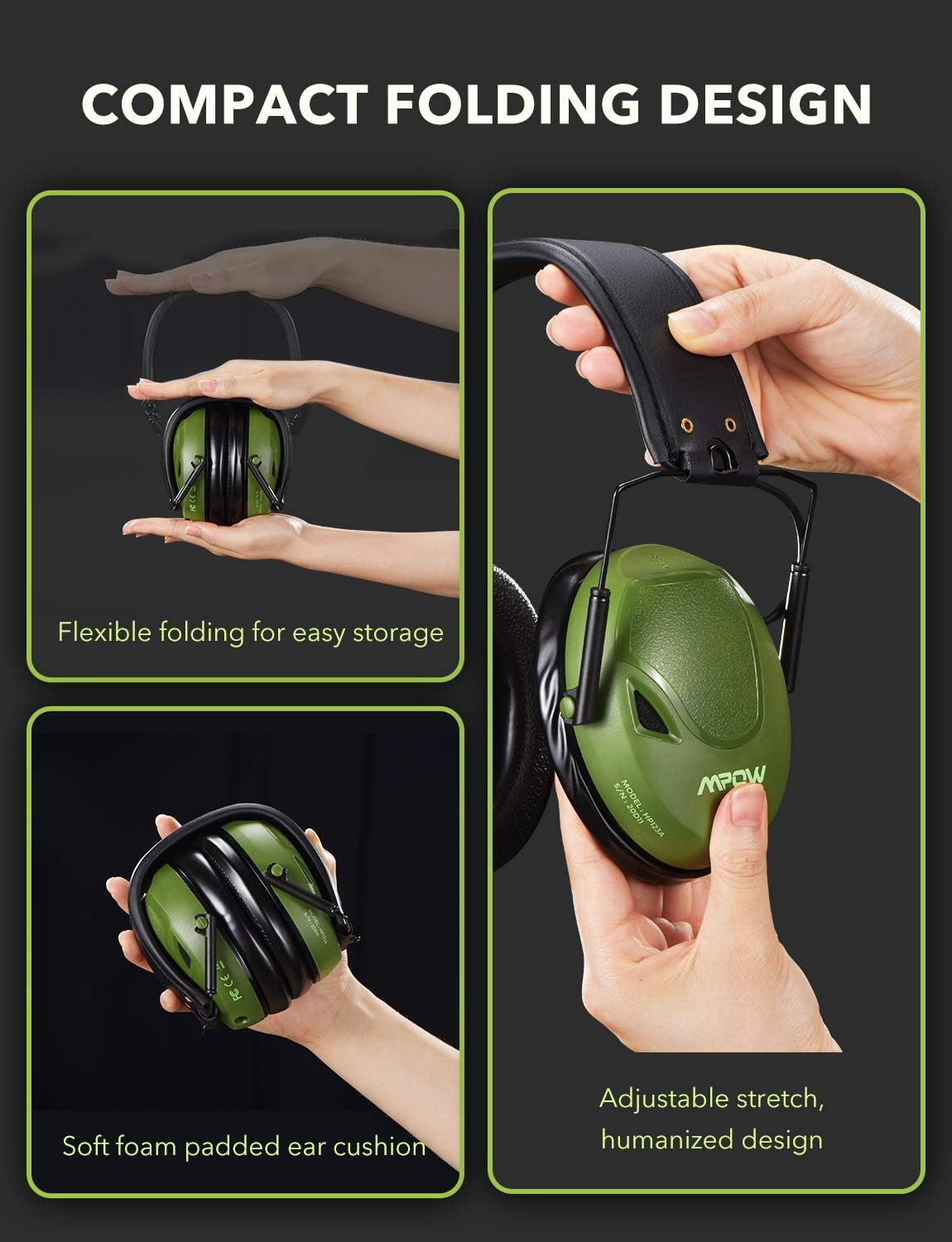 Mpow Shooting Ear Protection, Professional Electronic Earmuffs with Listening Mode, 22dB NRR Ear muffs with Adjustable Headband, Noise Cancelling headphones for Shooting, Hunting, Construction, Mowing - - 