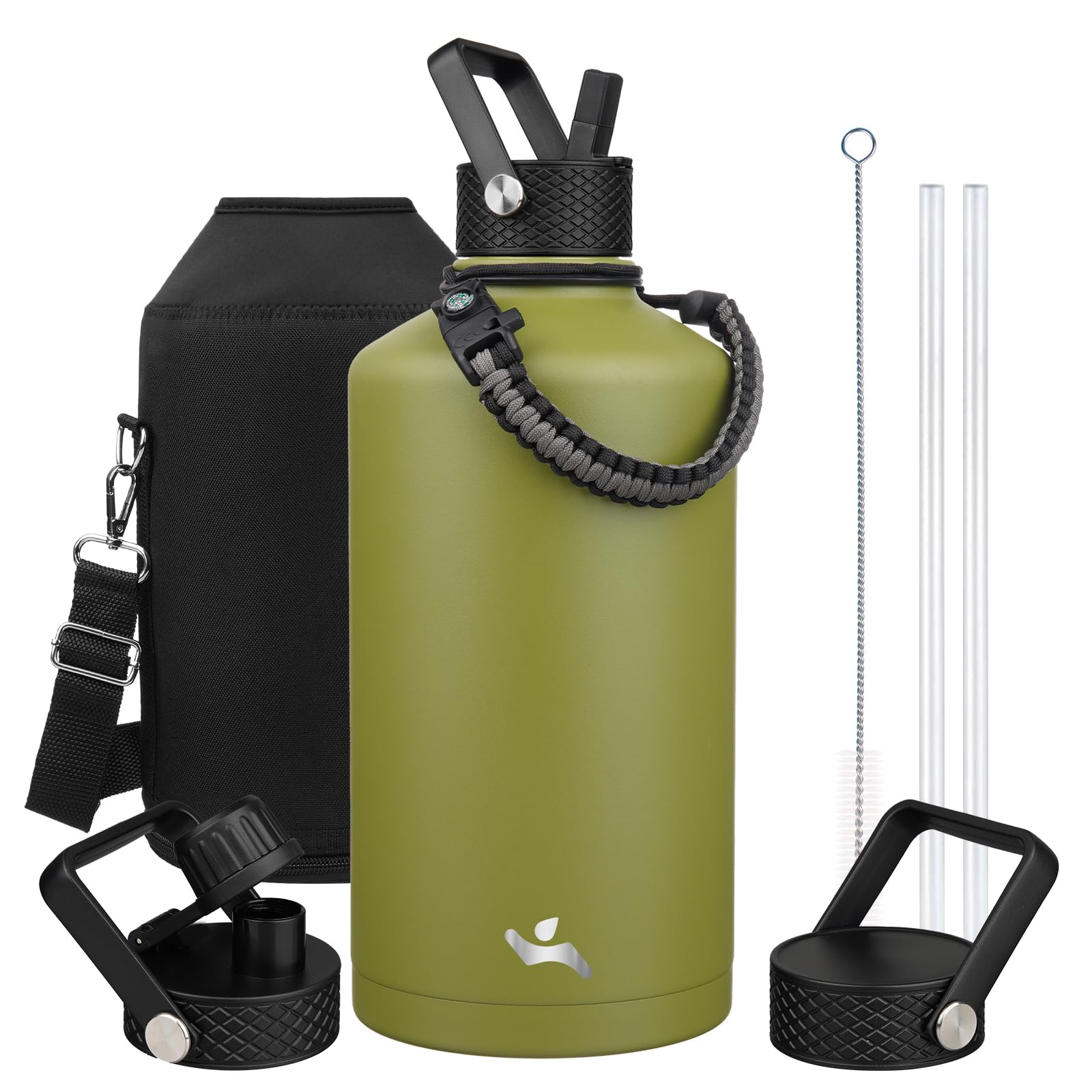 Konokyo Gallon Insulated Water Bottle with Straw,128 oz 3 Lids Water Jug with Carrying Bag,Paracord Handle, Double Wall Vacuum Stainless Steel Metal Flask,Forest Green Image