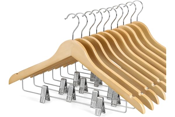 TOPIA HANGER Wooden Hangers with Adjustable Metal Clips and 360° Swivel Hook, Premium Wood Clothes Hangers 10 Pack for Suit,