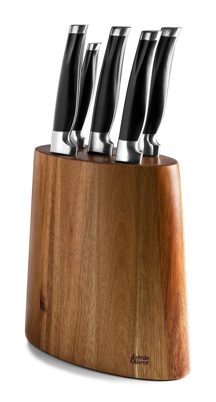 Jamie Oliver JB7804 5 Piece Acacia Knife Block - Includes paring, santoku, utility, carving and bread knives with black handles, in a wooden block, Brown, 8.8 x 21.5 x 37.5 cm — image 1