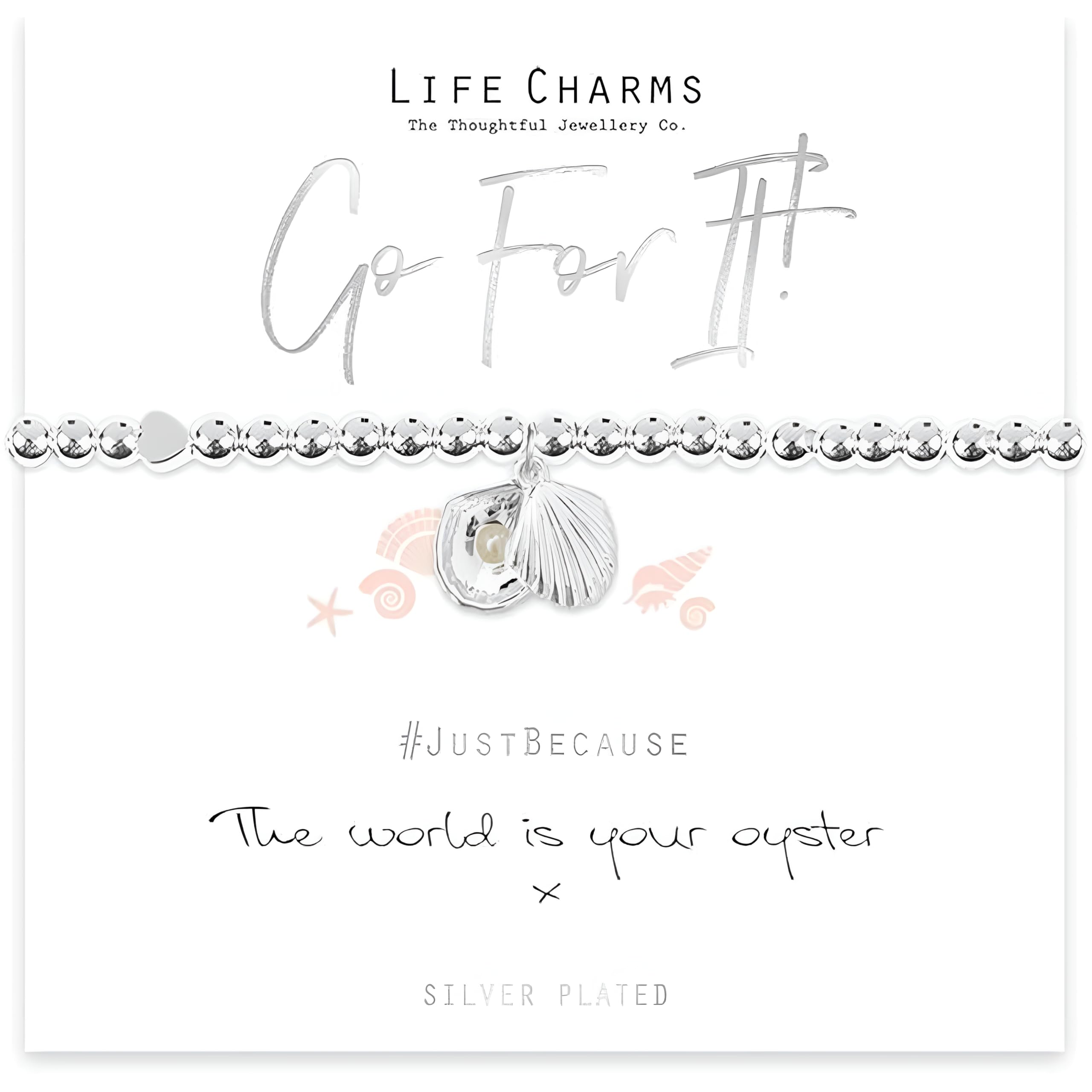 Life Charms Women's Wristband Bracelet - The World is Your Oyster - Heart and Sea Shells Charms