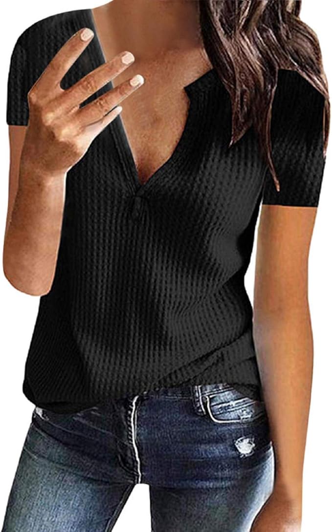 Womens V Neck Henley Shirts Ribbed Short Sleeve Waffle Knit
