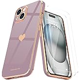 Teageo for iPhone 15 Plus Case with Screen Protector [2 Pack] Girl Women Cute Girly Love-Heart Luxury Gold Soft Cover Camera Protection Bumper Silicone Shockproof Phone Case iPhone 15 Plus, Lavender
