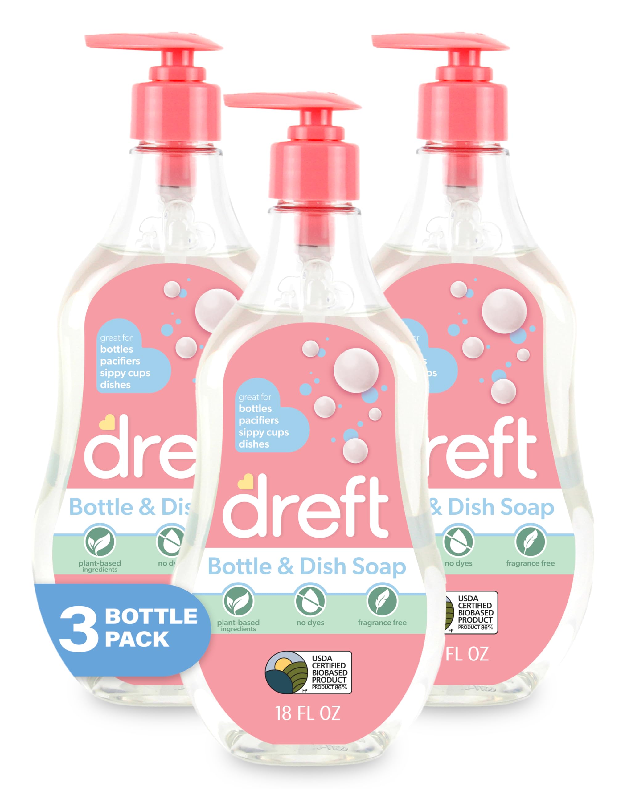 Photo 1 of DREFT Bottle and Dish Soap | Made to Clean Baby Bottles, Sippy Cups, Pacifiers, Breast Pumps, & More | Gently Removes Milk Film & Odors | Plant Based, Fragrance Free Dish Soap | 18 Fl Oz (Pack of 3)