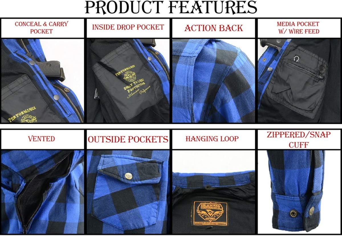 Milwaukee Leather MPM1634 Men’s Armored Checkered Flannel Biker Shirt with Aramid by DuPont Fibers: Automotive