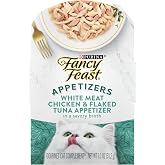 Purina Fancy Feast Appetizers Chicken Tuna Cat Food Topper, 10 Ct, 1.1 oz | Grain free lickable, flaked white meat complement in a delicate broth, served in a convenient peel-and-serve tray