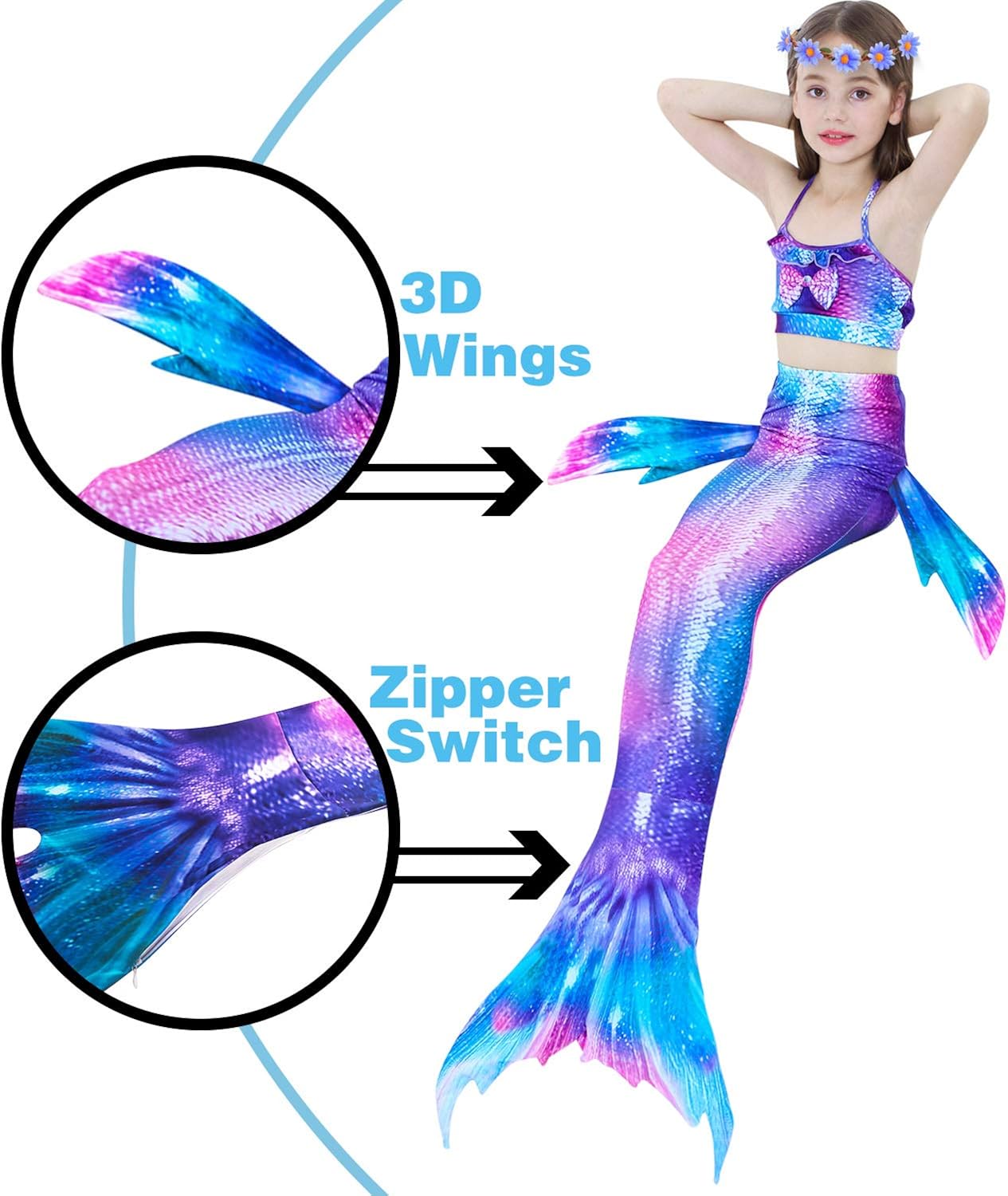 Newland 4 Pcs Girls Swimsuit Mermaid Tails for Swimming Princess Bikini Bathing Suit Set: Clothing