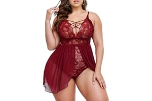 JuicyRose Plus Size Babydoll Lingerie Set Snap Crotch Lace Mesh Chemise Nightwear