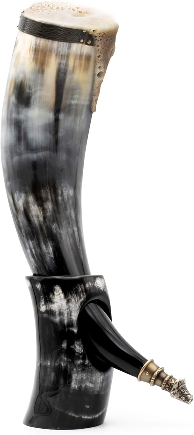 Norse Tradesman Genuine Ox Horn Viking Drinking Horn 50 cm with Brown Leather Holster, Brass Wolf Adornments, Burlap Gift Sack