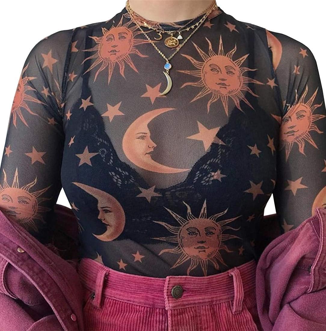 MOMOER Women Sun Moon Printed See Through Transparent Mesh Crop Tops Long Sleeve Sheer Slim Ladies Fashion Short T-Shirt (Black, M)