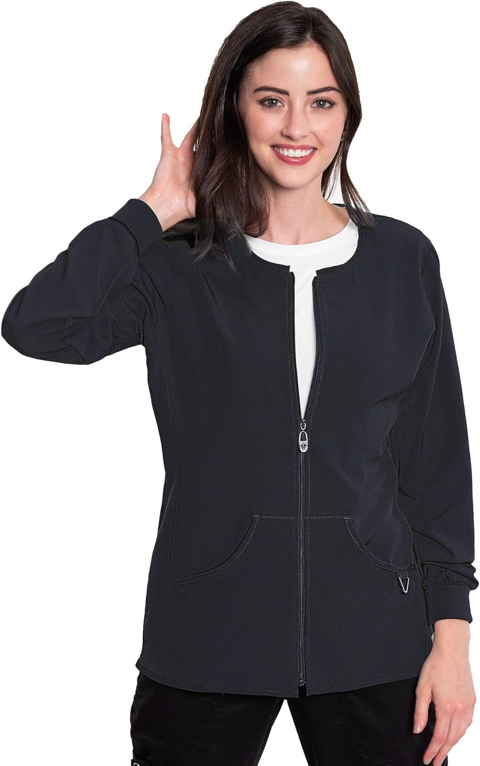 Med Couture Zip Front Warm Up Scrub Jacket for Women: Clothing