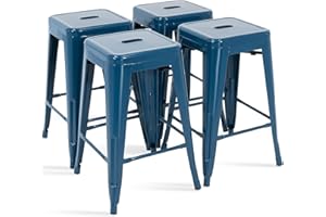 MFD LIVING Backless Metal Counter Stools,24 Inch Metal Barstools,Indoor Outdoor Kitchen Stools,Set of 4 Teal Blue