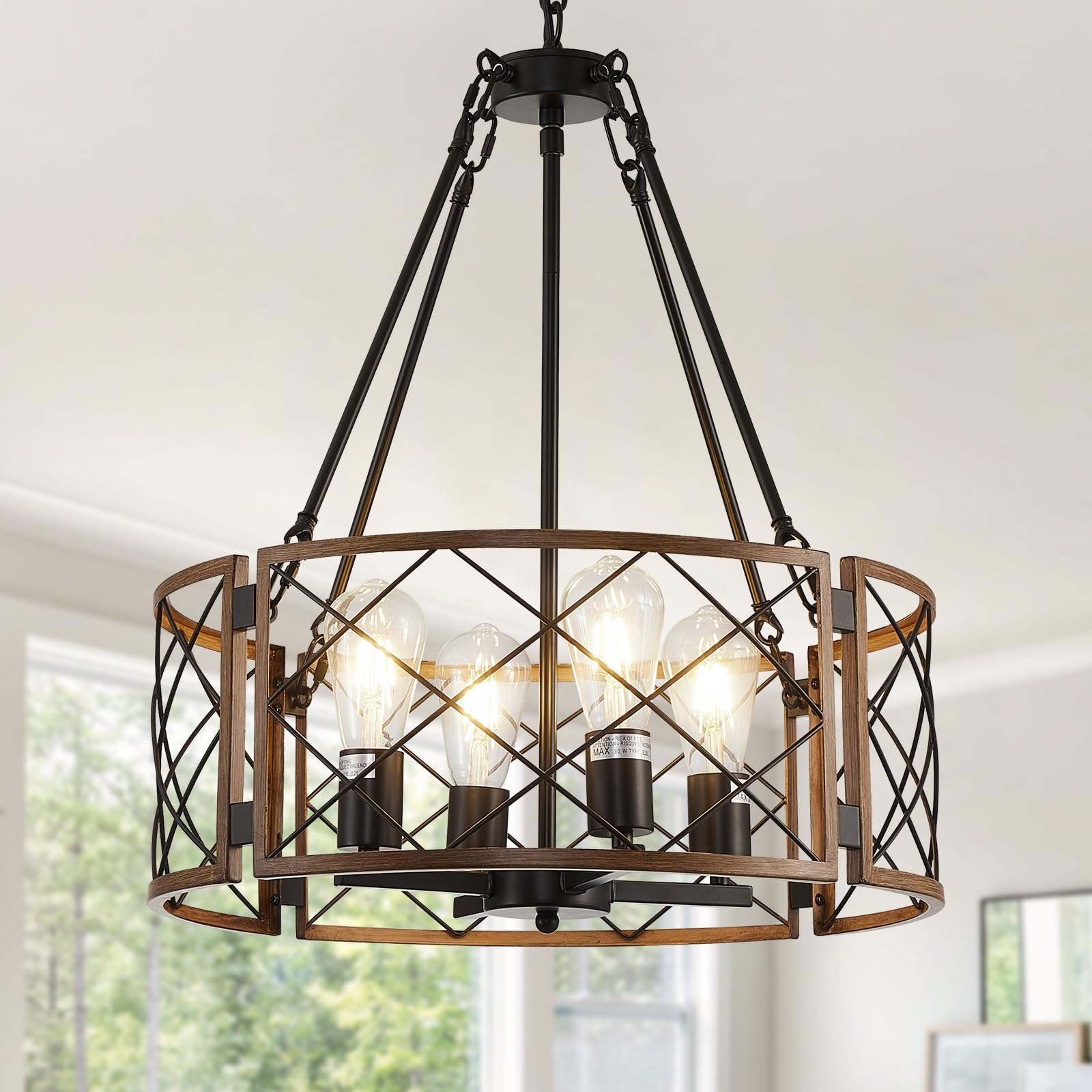 Photo 1 of 20'' Farmhouse Chandelier, 4-Light Black & Wood Grain Dining Room Light Fixture Over Table, Rustic Industrial Drum Hanging Pendant Lights Fixture for Kitchen Island Bedroom Hallway Foyer Entryway
