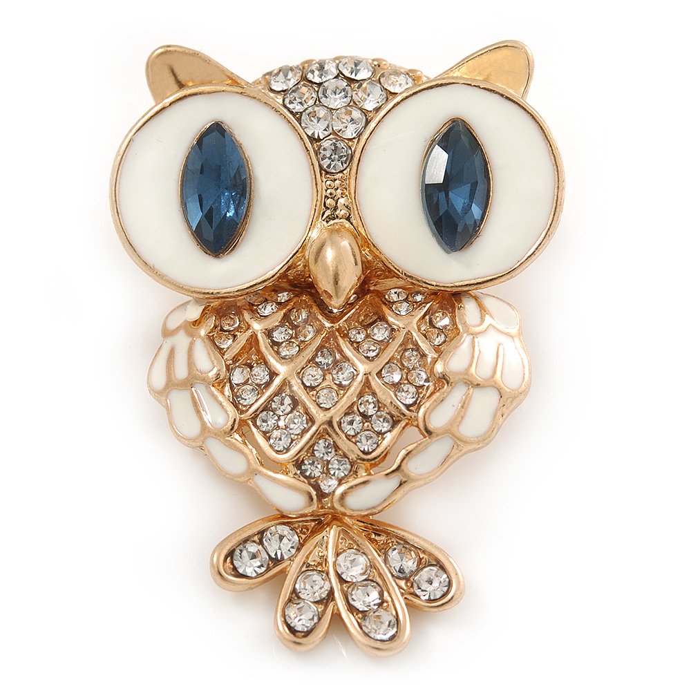 Funky Crystal, White Enamel Owl Brooch In Gold Tone Metal - 40mm L