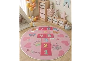 Poowe Pink Hopscotch Kids Play Mat Baby Nursery Rug Round Educational Alphabet Soft Area Rug Non Slip for Children Toddlers Bedroom (Round 4FT)