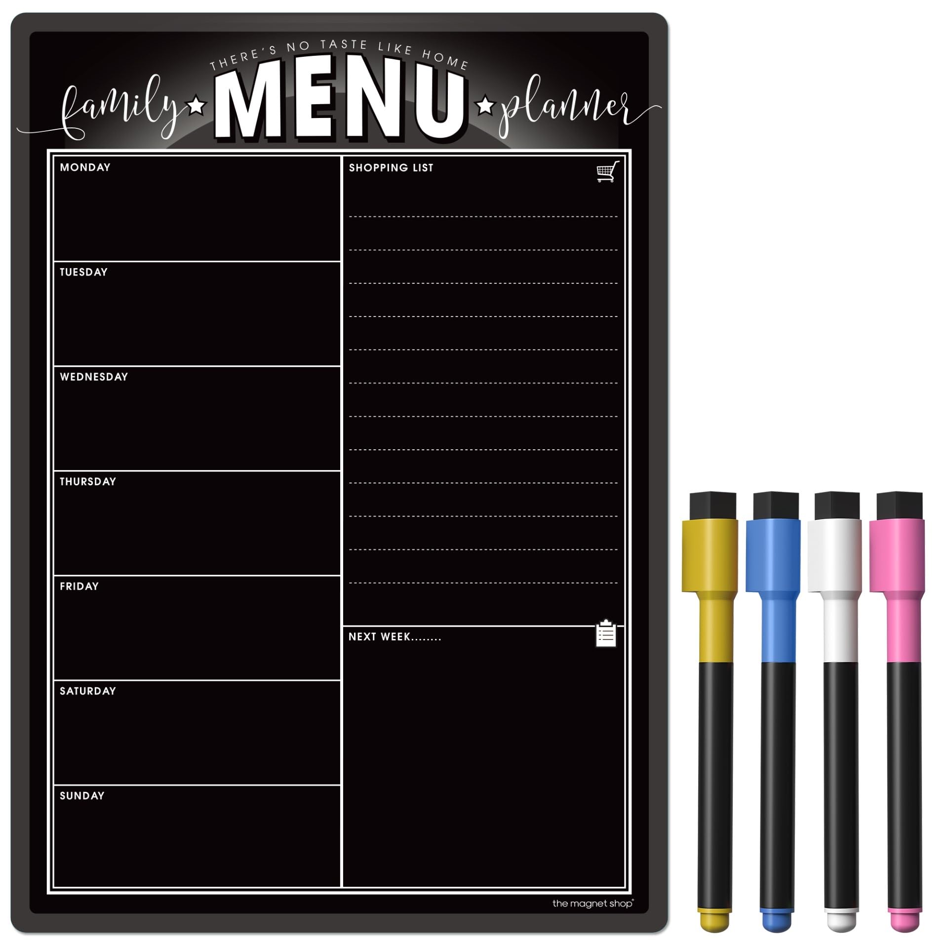 The Magnet Shop Weekly Family Menu Planner A4 - Dry Erase Meal Planner, Whiteboard and Shopping List for Your Home, Kitchen, Fridge - with 4 Dry Wipe Pens and Eraser (Chalkboard Black, A3)