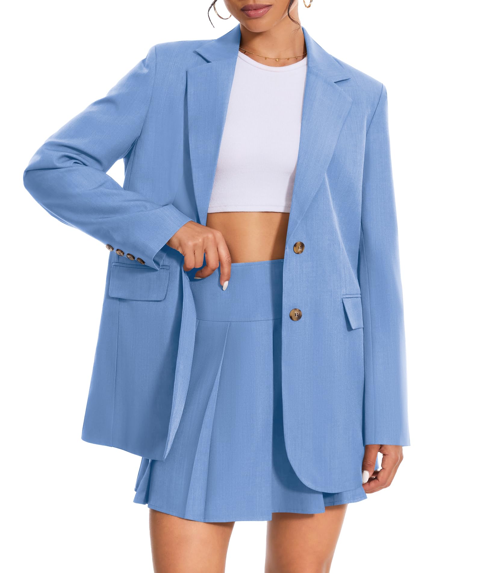 Photo 1 of Casly Lamiit Womens Two Piece Skort Sets Business Casual Blazer Suit Spring Pleated Light Blue Skirt Notched Collar Jacket Matching Travel Outfits S