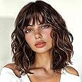ENTRANCED STYLES Brown Highlight Wig with Bangs for Women Short Wavy Curly Brown Bob Wigs Medium Length 14 inch Synthetic Hair for Daily Party Use