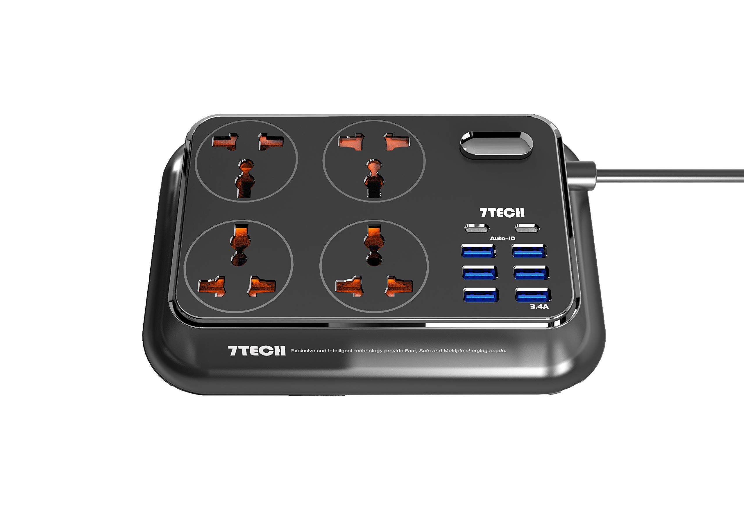 7TECH 2 Meter Extension Power Cord With USB C 3.4A 17W fast charging (Black)