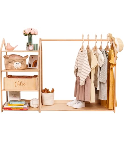 Porte-vêtements Enfant En Bambou à 3 Barres - Avec Bacs De Rangement, Armoire Montessori Pour Chambre D'enfant
