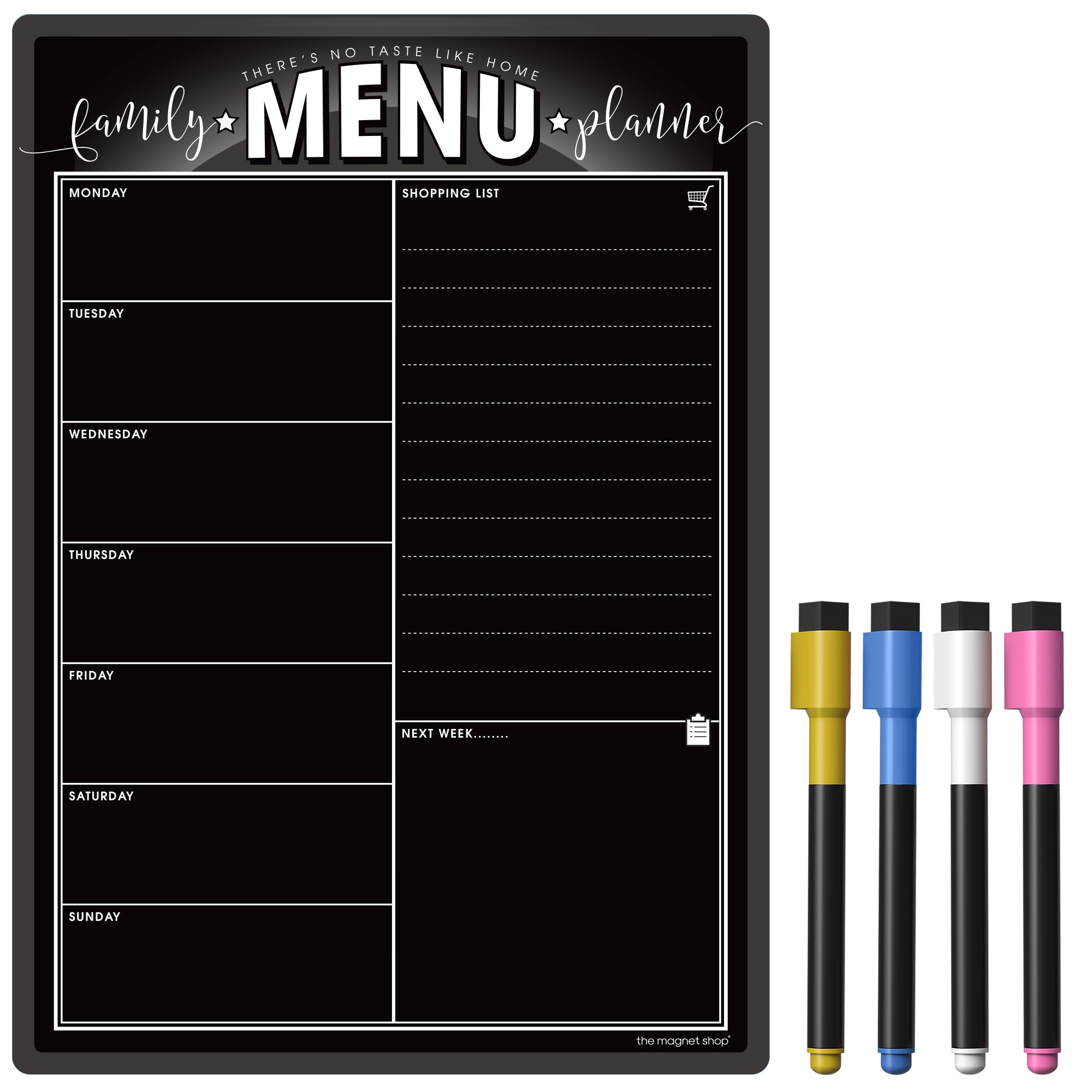 TMS Weekly Family Menu Planner A4 | Dry Erase Meal Planner, Black Board and Shopping List for Your Home, Kitchen, Fridge | with 4 Liquid Chalk Pens (Chalkboard Black, A4)