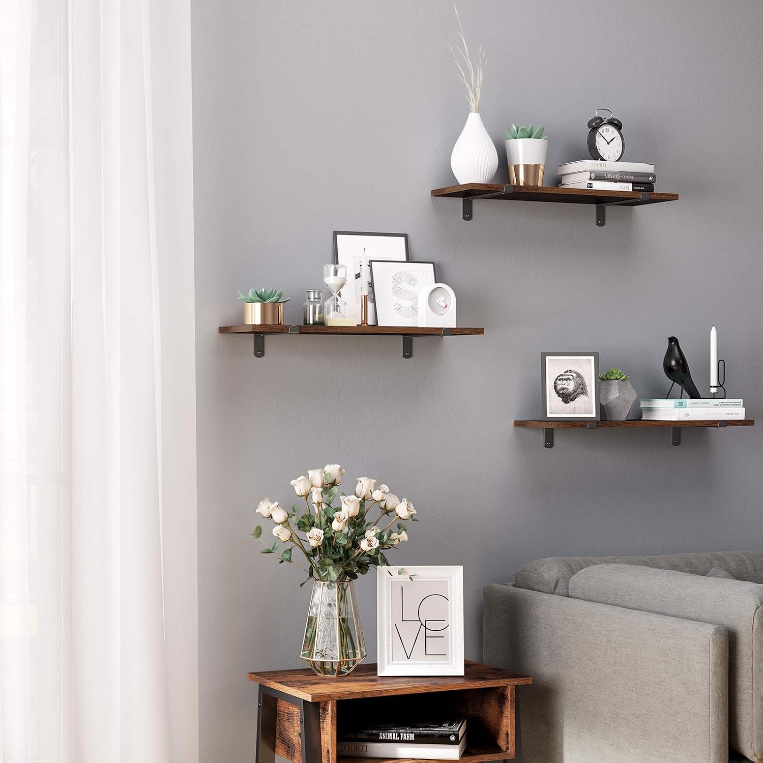SONGMICS Set of 2 Floating Shelves, Decorative Retro Style, Maximum Load 15 kg/Unit, 60 x 20 x 7 cm, MDF Brown and Black LWS04NB - Image 3
