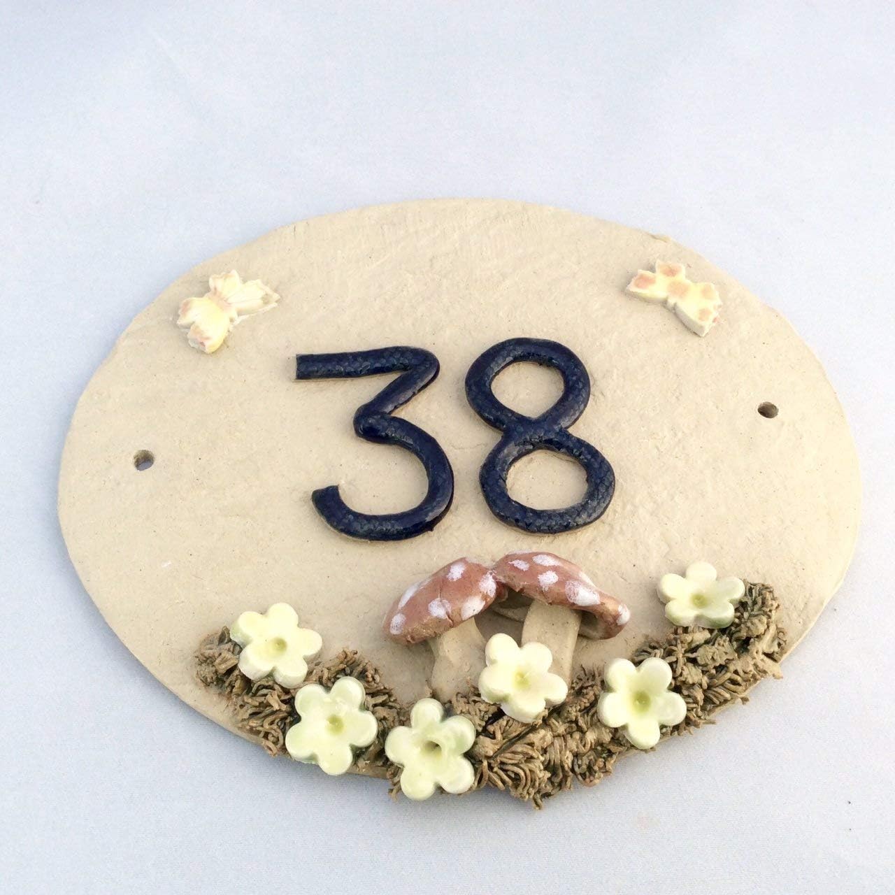 House number plaque/MUSHROOM AND BUTTERFLY DESIGN/Ceramic house sign / 8.5 x 7 INCHES/OVAL DOOR NUMBER
