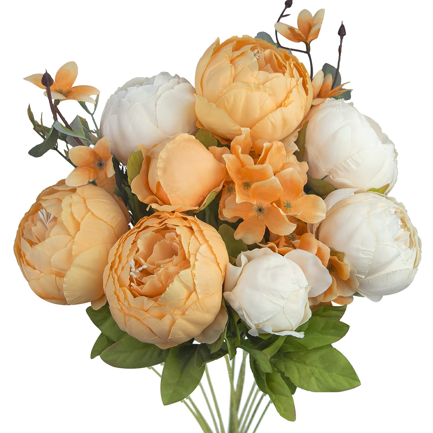HUAHUASHIJIE Vintage Artificial Peonies Silk Peony Flowers Bouquet for Wedding Bridal Home Décor – Beautiful Floral Centerpiece Arrangement Decoration with 1 Bouquets (Orange & White)