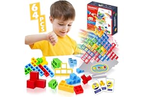 DEICIT Tower Balance Stacking Blocks Game 64pcs Stack High Child Balance Toy Tower Building Seesaw Towers Blocks Teeter Stacking Block Balancing Toys Family Kids Team Travel Games