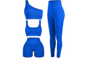 Floraltop 4 Pcs Women's Workout Sets Pilates Exercise Outfit Ribbed Scoop Neck Sports Bra Shorts Leggings Gym Clothes Set