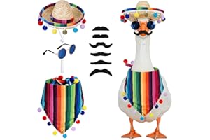 4Pcs Mexican Porch Goose Outfits for Lawn Goose Statue Clothes with Mexican Sombrero Bandana Beard Glasses for Patio Garden