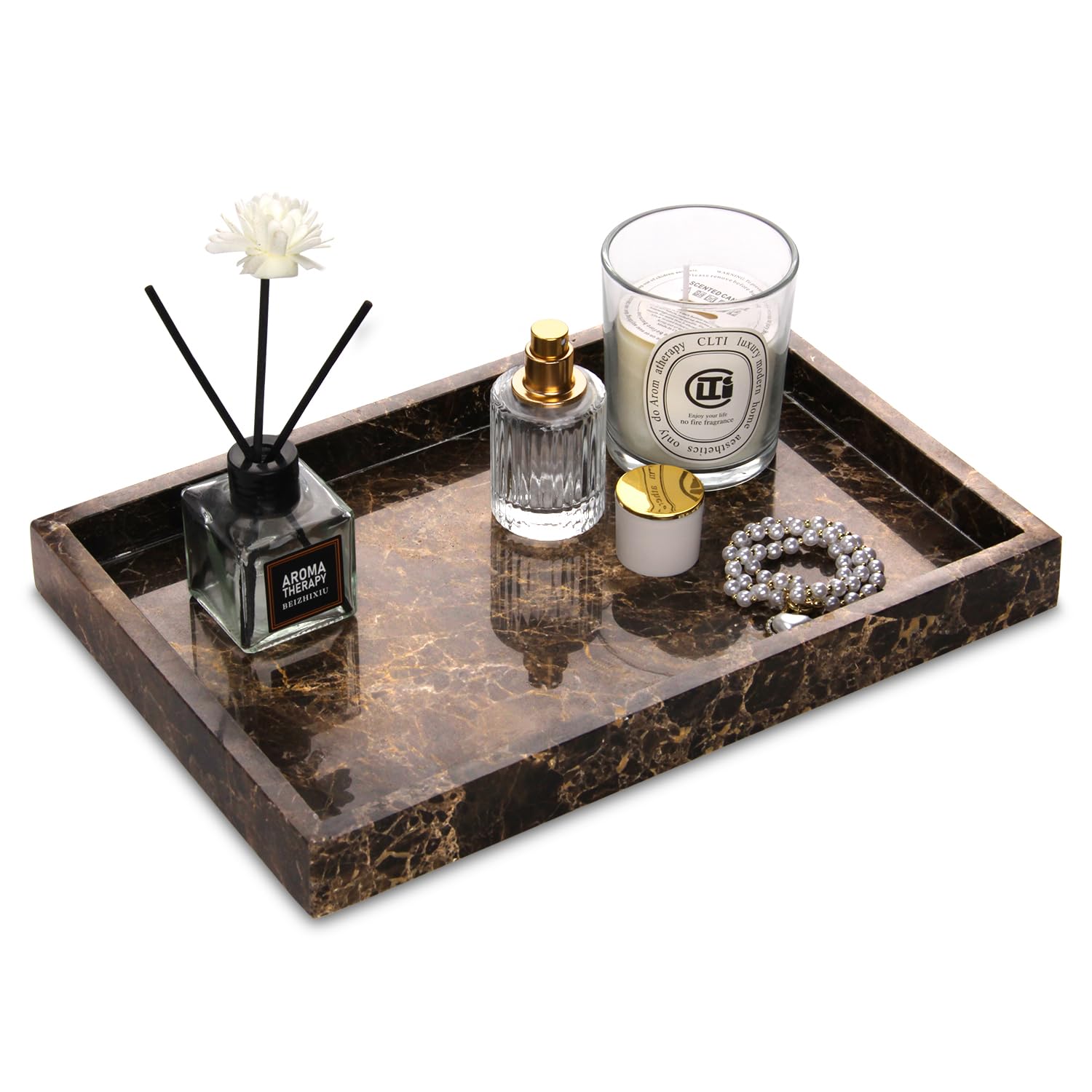 Photo 1 of Marble Bathroom Vanity Tray, Natural Luxury Vanity Home Kitchen Bathroom Table Tray, Stone Decorative Countertop Dresser Trays for Key Coffee Perfume Jewelry Makeup (Dark Brown, 12"x 8" x1.2")