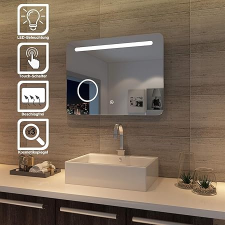 Sonni Badspiegel Mit Beleuchtung 80x60cm Led Badezimmerspiegel Mit Schminkspiegel Energiesparend Badezimmer Wandspiegel Beschlagfrei Bad Spiegel Mit Touch Schalter Amazon De Kuche Haushalt