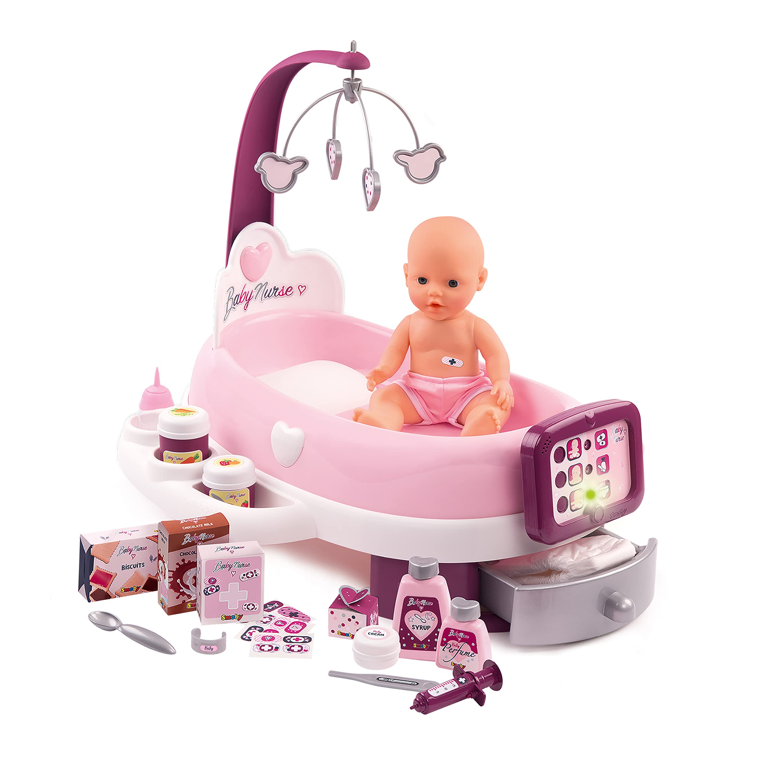 Smoby - Baby Nurse - Electronic Nursery - for Dolls and Dolls - 24 Accessories + 1 Doll Pee Function - 220347, Pink