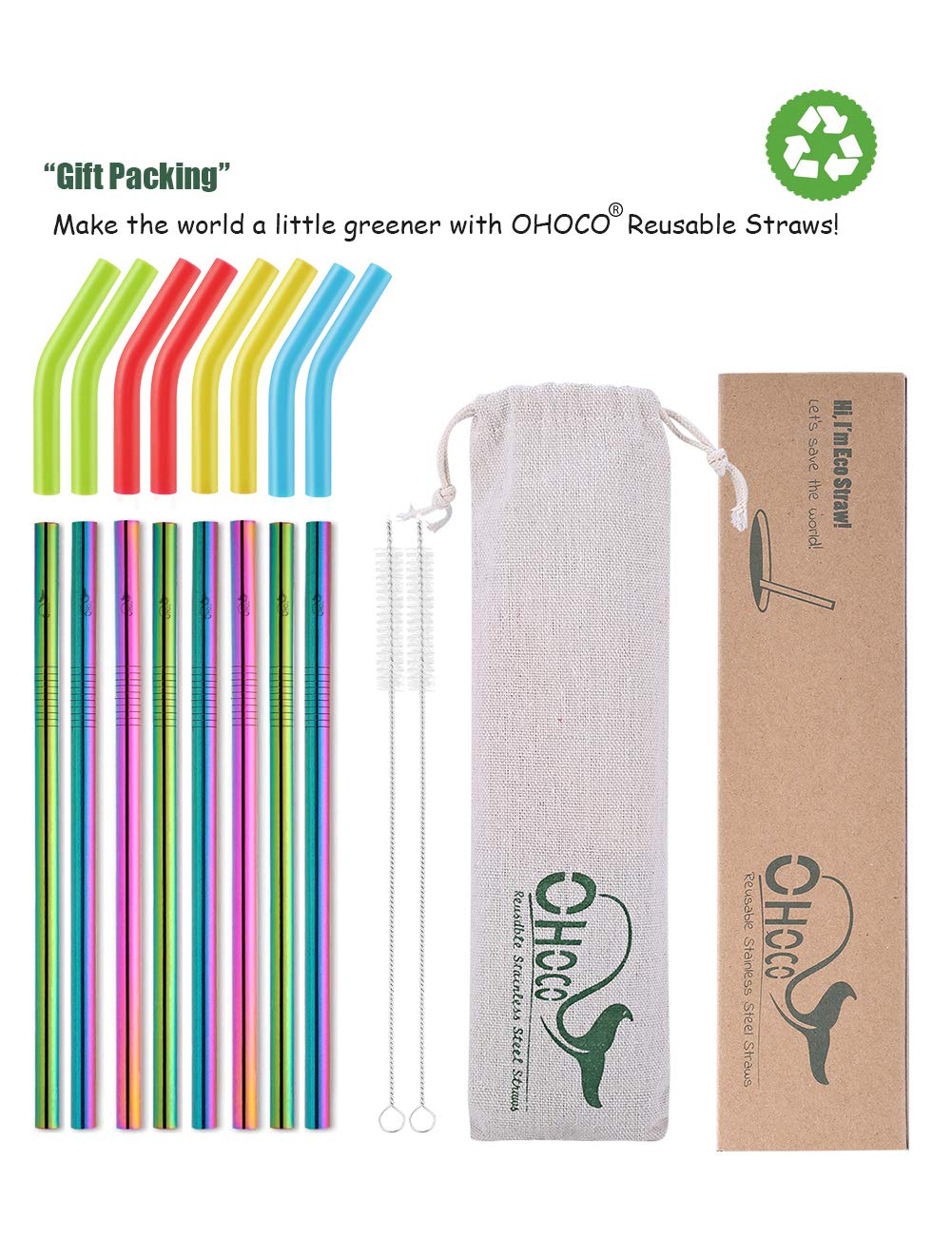 Reusable Stainless Steel Metal Drinking Straws with Flexible Silicone Tips - Extra Long x 8mm Wide for 30oz 20oz Tumblers, Set of 8 with 2 Cleaning Brushes 1 Portable Case, Rainbow