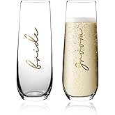 GroomBrideGifts Bride and Groom Champagne Glasses，Mr and Mrs Champagne Flutes Set of 2, Wedding Bridal Shower Gifts, Engagement Gifts for Couples