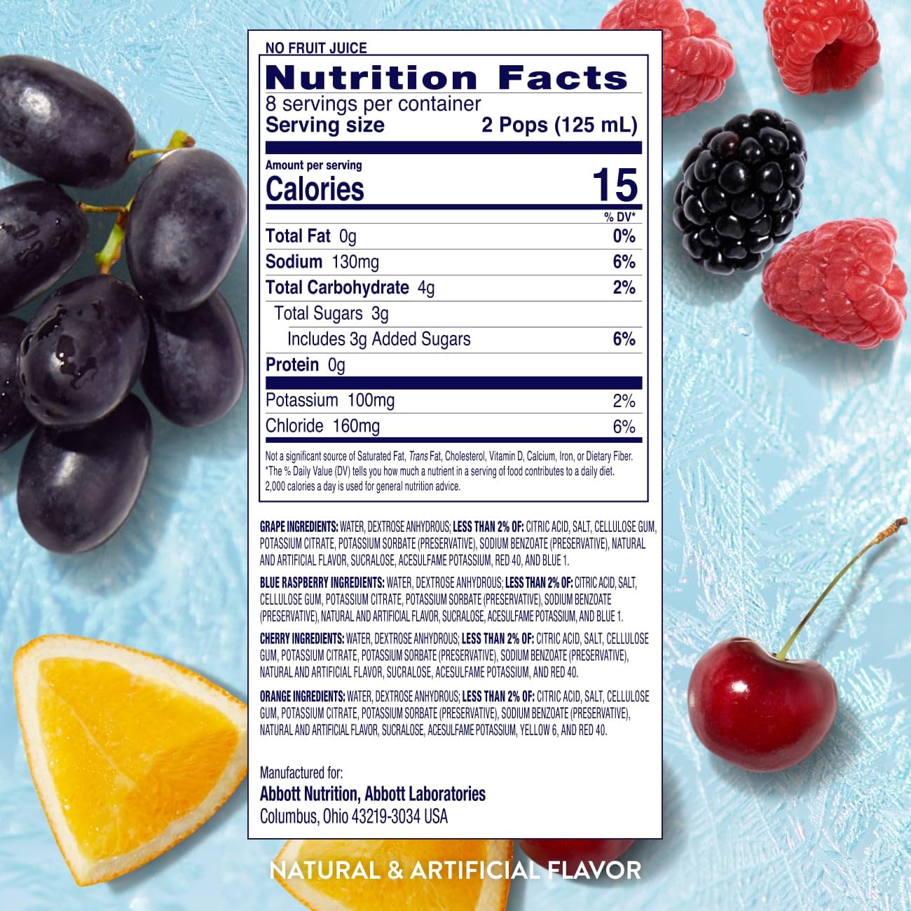 Pedialyte Electrolyte Solution Freezer Pops, Hydration Variety Pack— Grape, Blue Raspberry, Cherry, Orange, Pack of 64