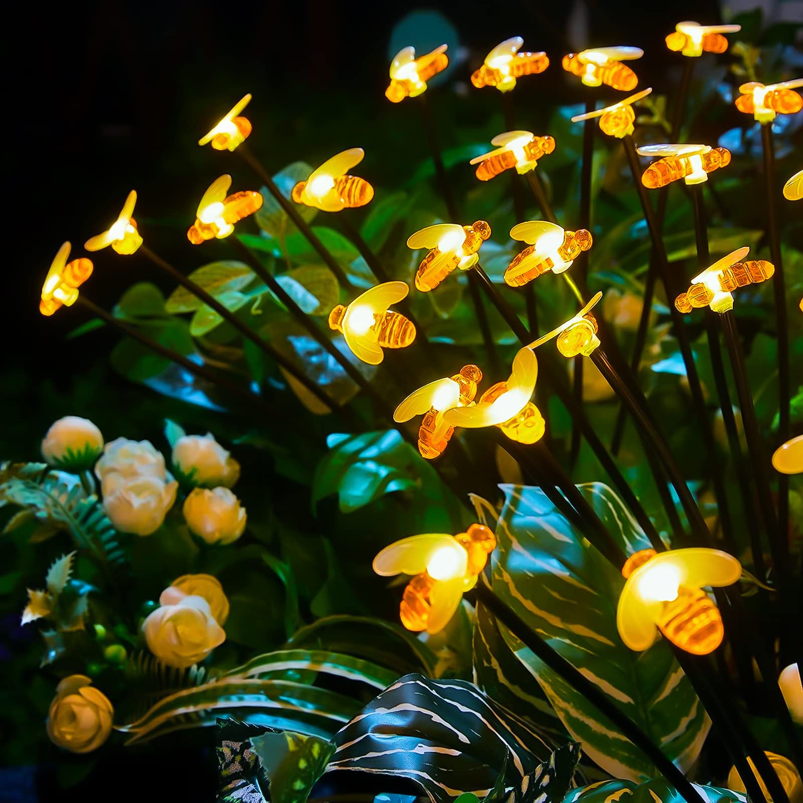 Lerelin Solar Lights Outdoor Garden,Bees Solar Lights 2 Pack 8 LED Light Bulbs Waterproof,Starburst Swaying Firefly Solar Garden Lights for Garden,Yard, Path, Lawn Decor(Warm Lights 2ps)