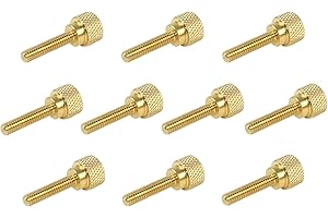 TAYTOOLS 10 Pack 8-32 x 3/4 Inch Threads Solid Brass Diamond Knurled Thumb Screws Knobs with Straight Shoulders Right-Hand Threads SAE Flat Tip Uncoated (8-32 x 3/4 inch Long Threads)